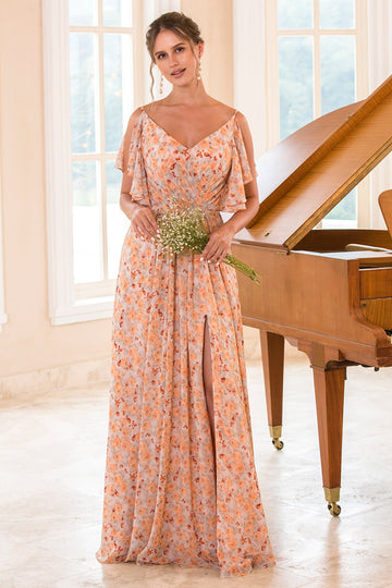 Vestido de dama de honra laranja de impressão floral